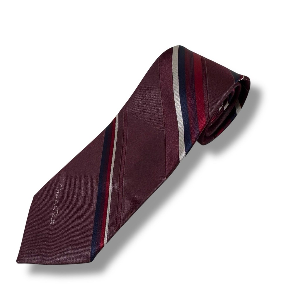 Vintage Oscar De La Renta Tie‎ Maroon Burgundy Striped Silk and Polyester
